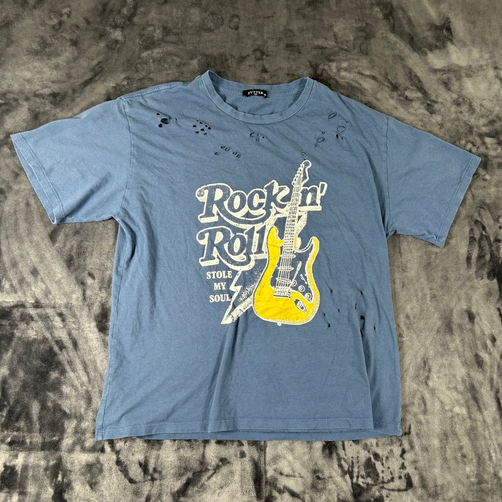 Zutter Graphic T-Shirt Womens Medium Blue Rock n Roll Distressed Short Sleeve